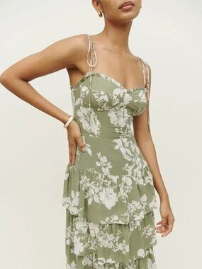 Reformation Kesia Tiered Dress with Tie Straps in Willow